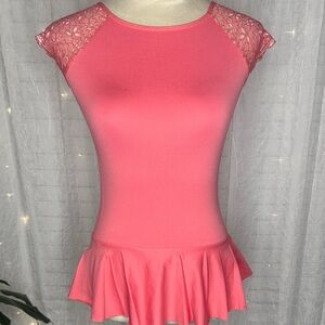 Chic Coral Lace Sleeve Peplum Blouse